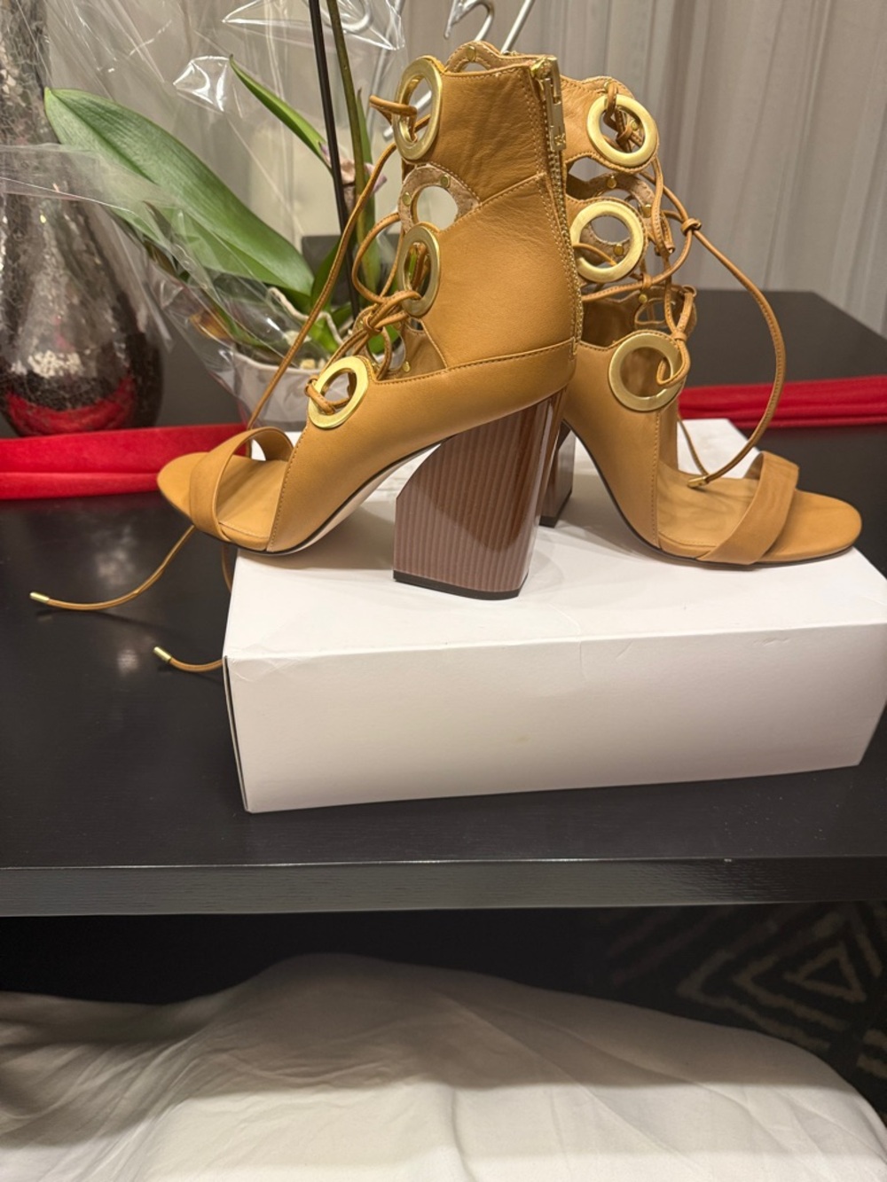 Calvin Klein Mustard Lace-Up Block Heel Sandals with Gold Rings